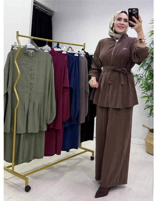 Kurdele Detaylı Modal Takım Kahverengi