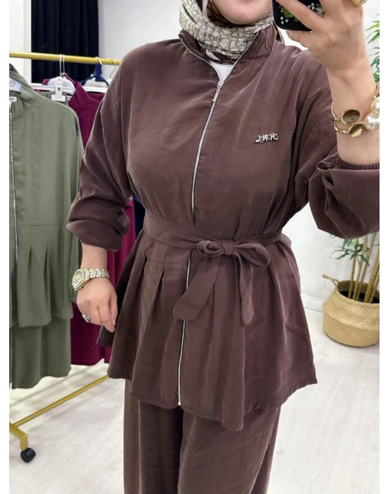 Kurdele Detaylı Modal Takım Kahverengi