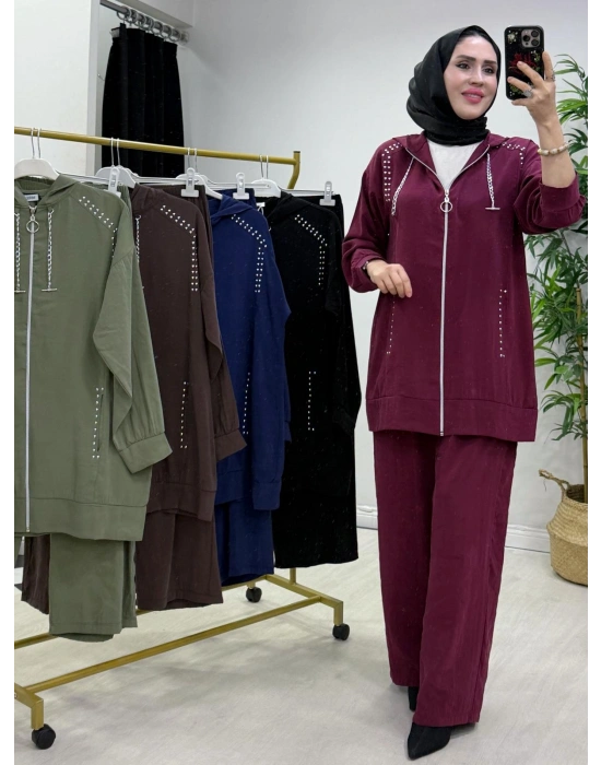 Zımba Detaylı Takım Mürdüm