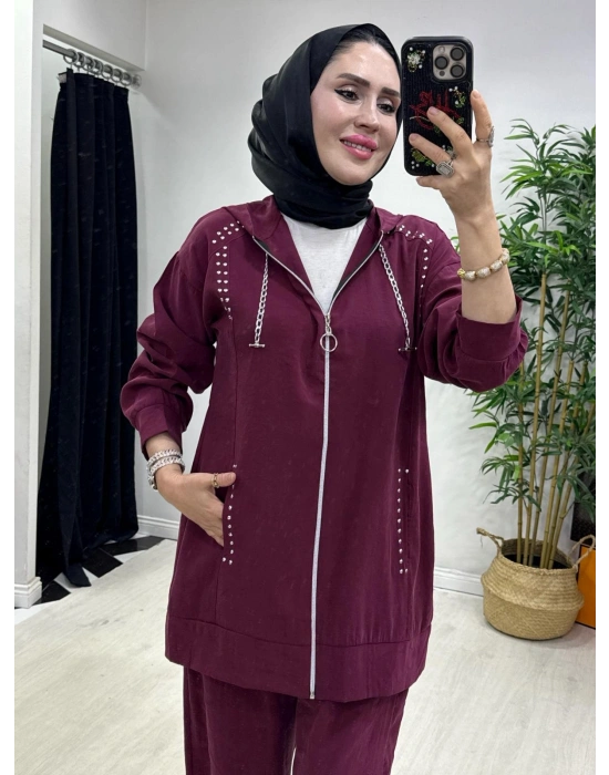 Zımba Detaylı Takım Mürdüm