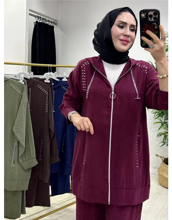 Zımba Detaylı Takım Mürdüm