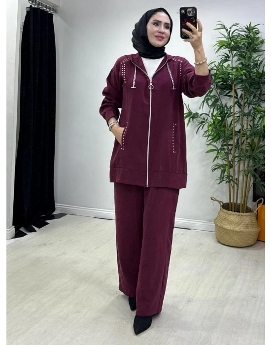 Zımba Detaylı Takım Mürdüm