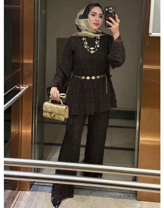 Dantel Detaylı Kemer Hediyeli Şık Takım Kahverengi