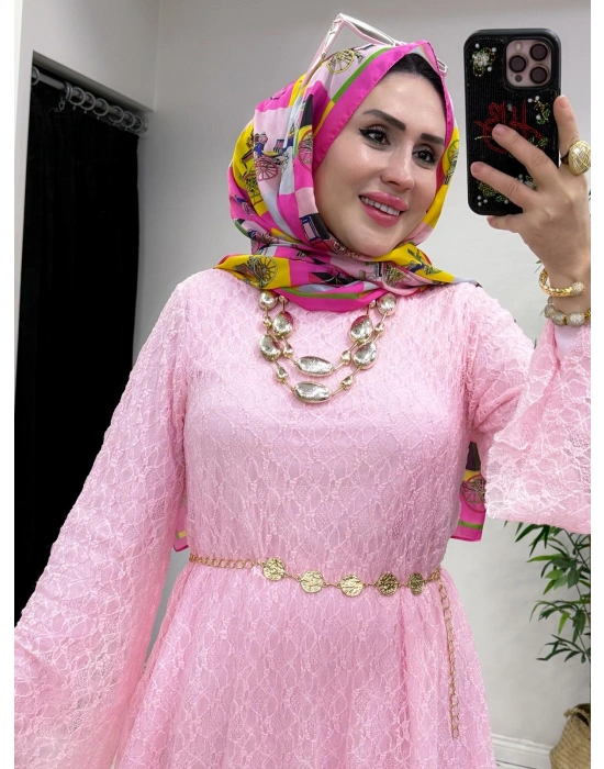 Dantel Detaylı Kemer Hediyeli Şık Takım Pembe
