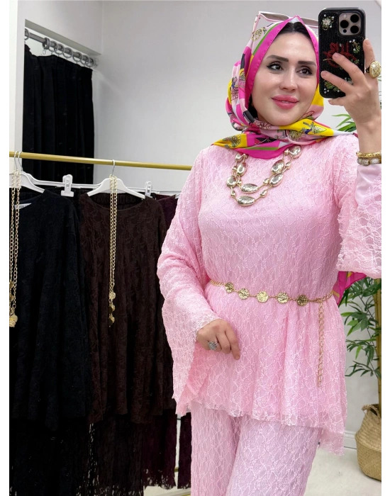 Dantel Detaylı Kemer Hediyeli Şık Takım Pembe