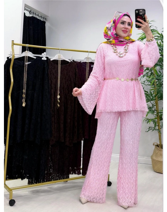Dantel Detaylı Kemer Hediyeli Şık Takım Pembe