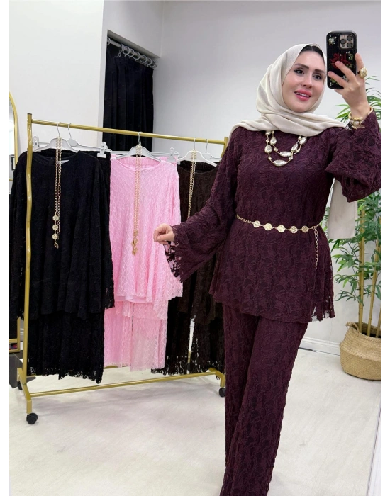 Dantel Detaylı Kemer Hediyeli Şık Takım Mürdüm