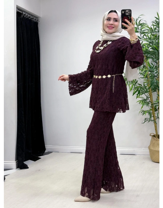 Dantel Detaylı Kemer Hediyeli Şık Takım Mürdüm