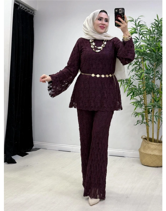 Dantel Detaylı Kemer Hediyeli Şık Takım Mürdüm