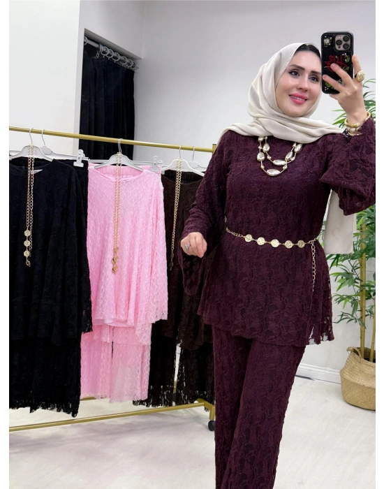 Dantel Detaylı Kemer Hediyeli Şık Takım Mürdüm