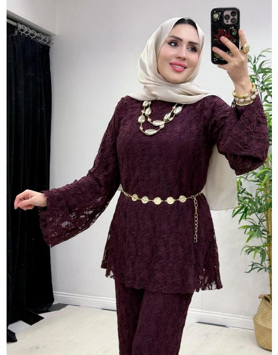 Dantel Detaylı Kemer Hediyeli Şık Takım Mürdüm