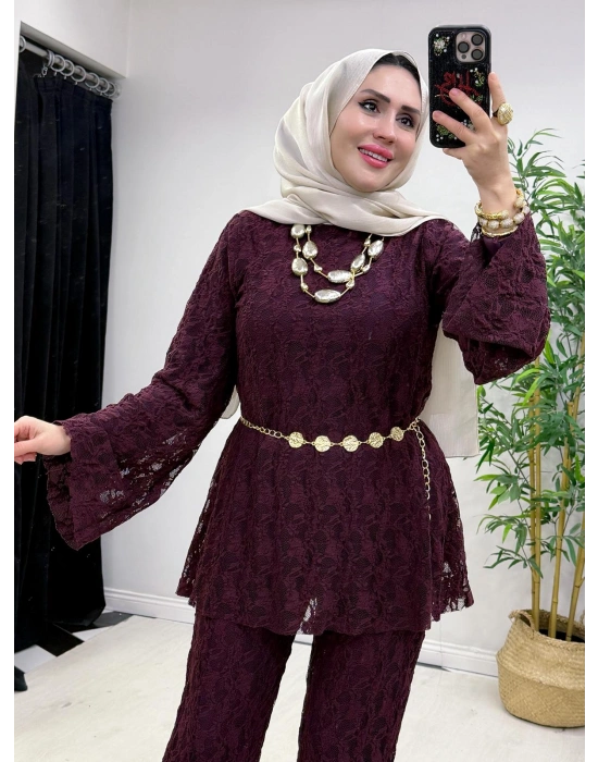 Dantel Detaylı Kemer Hediyeli Şık Takım Mürdüm
