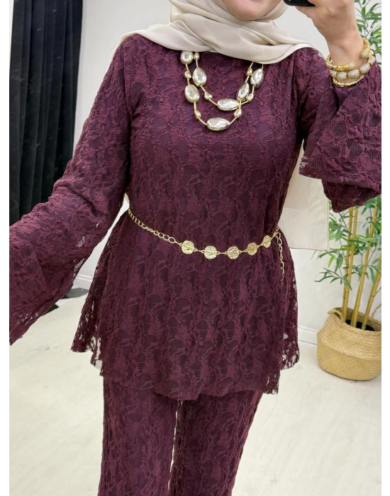 Dantel Detaylı Kemer Hediyeli Şık Takım Mürdüm