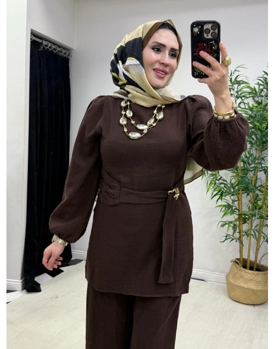 Müslin Kumaş Yazlık Pamuklu Takım Kahverengi