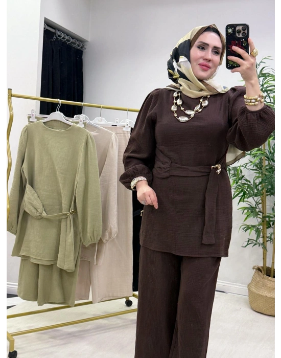 Müslin Kumaş Yazlık Pamuklu Takım Kahverengi