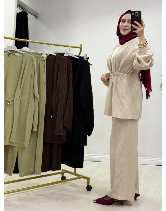 Yeni Sezon Müslin Kumaş Yazlık Takım Krem