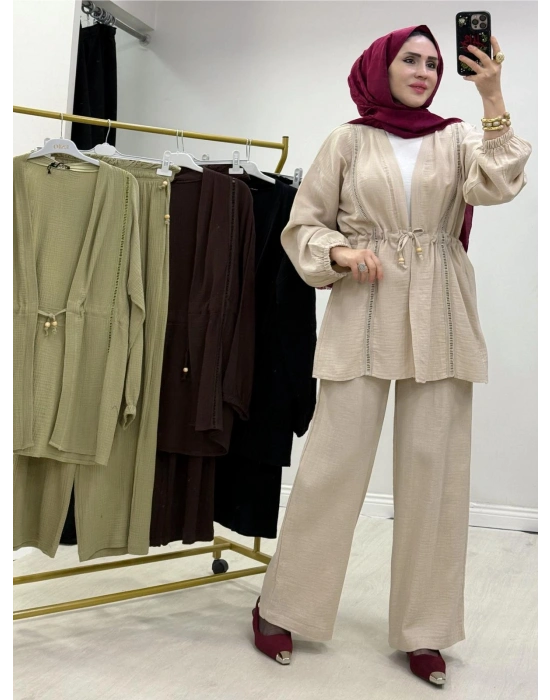 Yeni Sezon Müslin Kumaş Yazlık Takım Krem