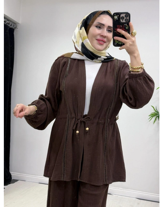 Yeni Sezon Müslin Kumaş Yazlık Takım Kahverengi