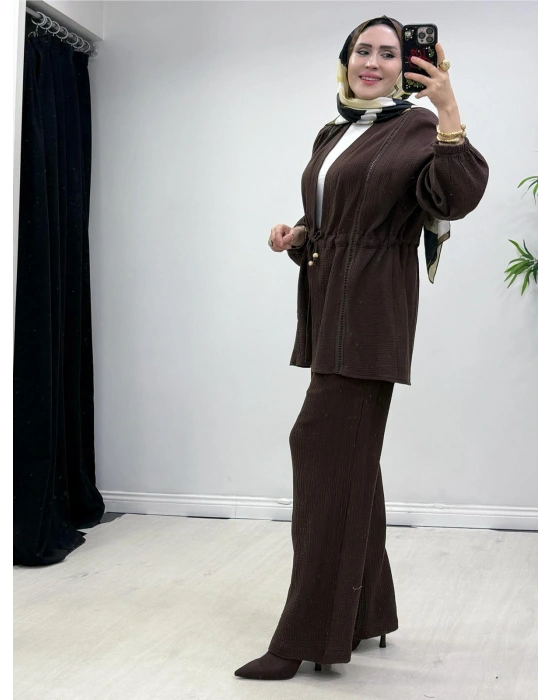 Yeni Sezon Müslin Kumaş Yazlık Takım Kahverengi