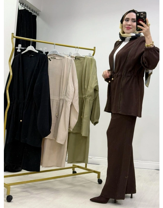 Yeni Sezon Müslin Kumaş Yazlık Takım Kahverengi