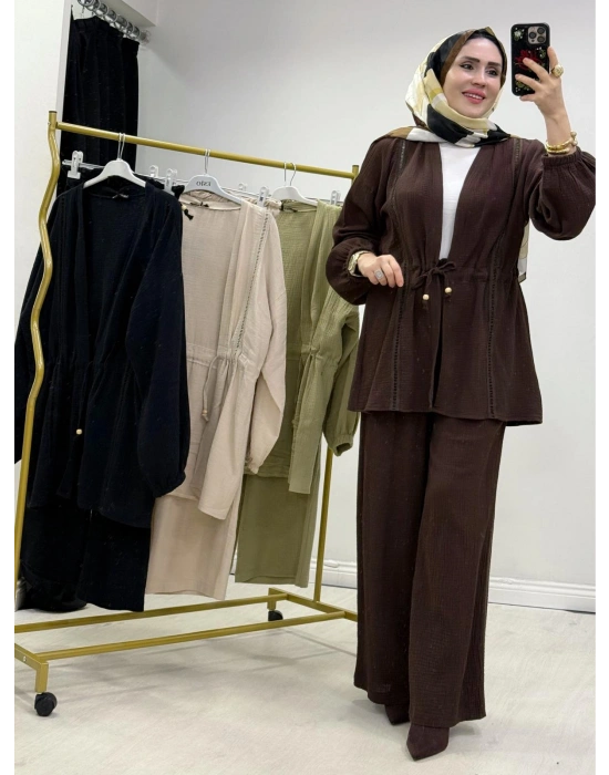 Yeni Sezon Müslin Kumaş Yazlık Takım Kahverengi