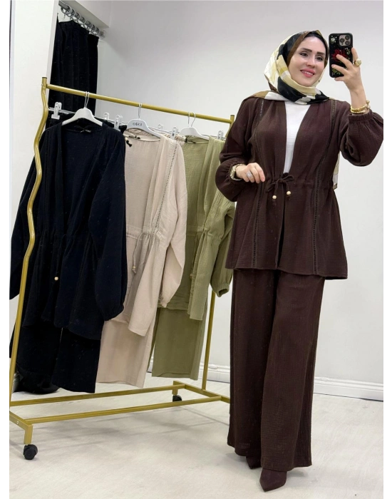 Yeni Sezon Müslin Kumaş Yazlık Takım Kahverengi