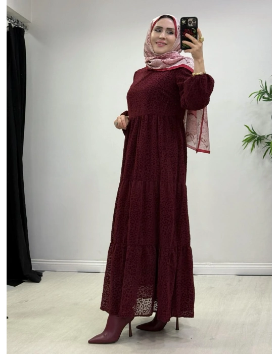 Yeni Sezon Flok Baskı Elbise Bordo