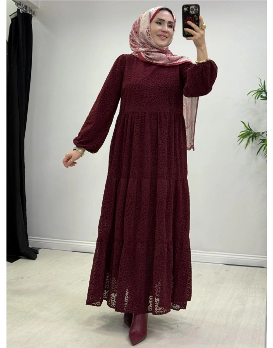 Yeni Sezon Flok Baskı Elbise Bordo