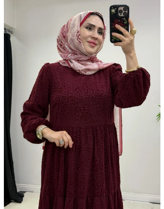 Yeni Sezon Flok Baskı Elbise Bordo
