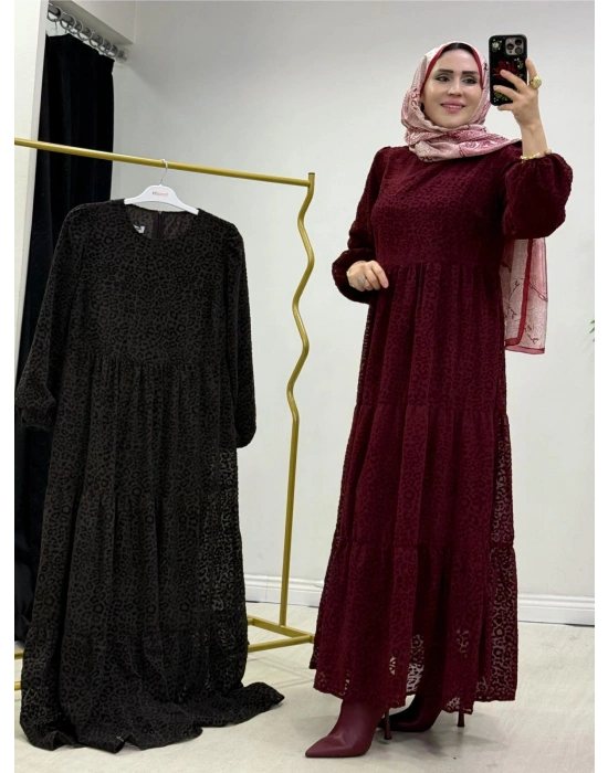 Yeni Sezon Flok Baskı Elbise Bordo