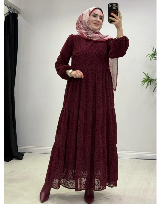Yeni Sezon Flok Baskı Elbise Bordo
