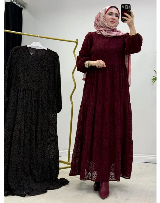 Yeni Sezon Flok Baskı Elbise Bordo