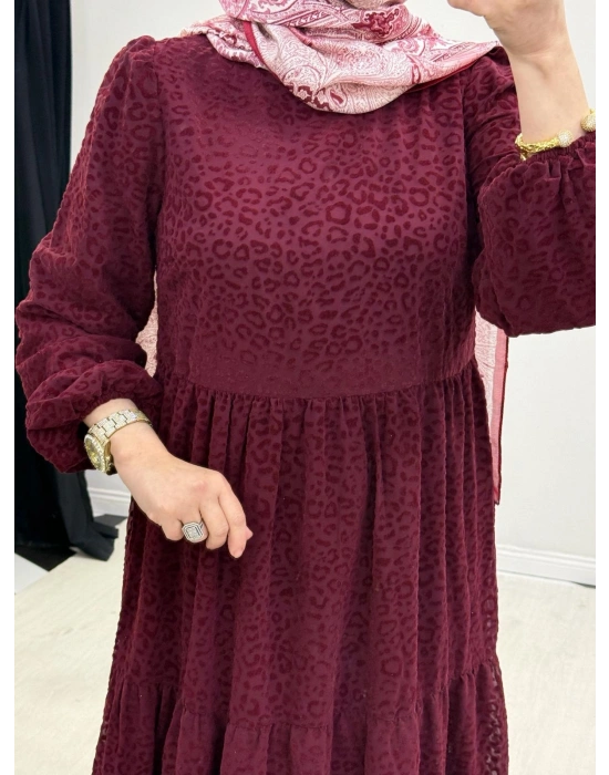 Yeni Sezon Flok Baskı Elbise Bordo