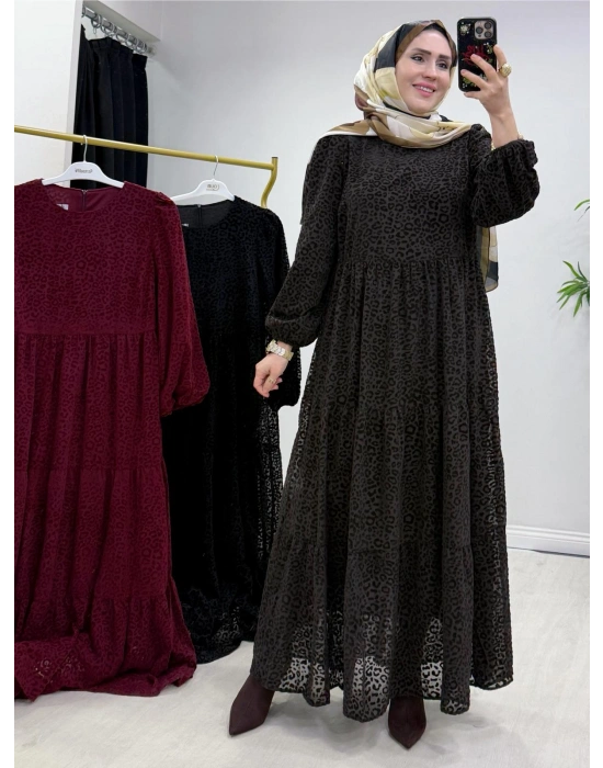 Yeni Sezon Flok Baskı Elbise Kahverengi