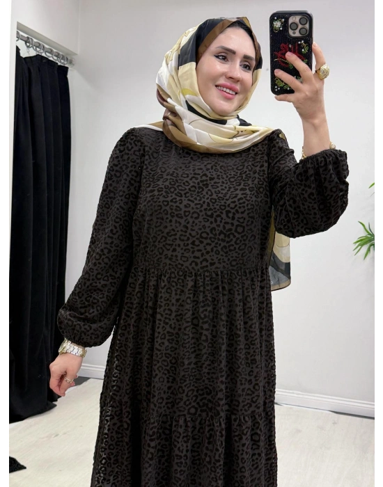 Yeni Sezon Flok Baskı Elbise Kahverengi