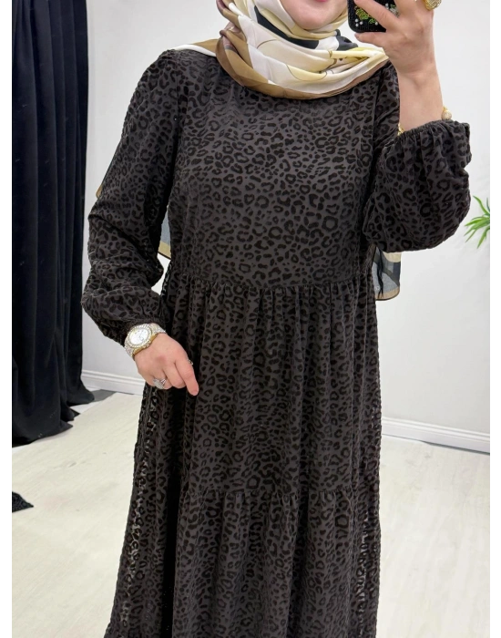 Yeni Sezon Flok Baskı Elbise Kahverengi