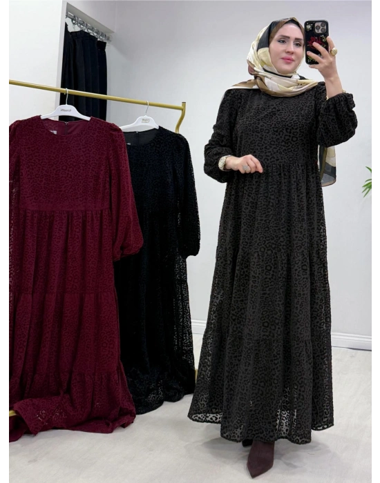 Yeni Sezon Flok Baskı Elbise Kahverengi