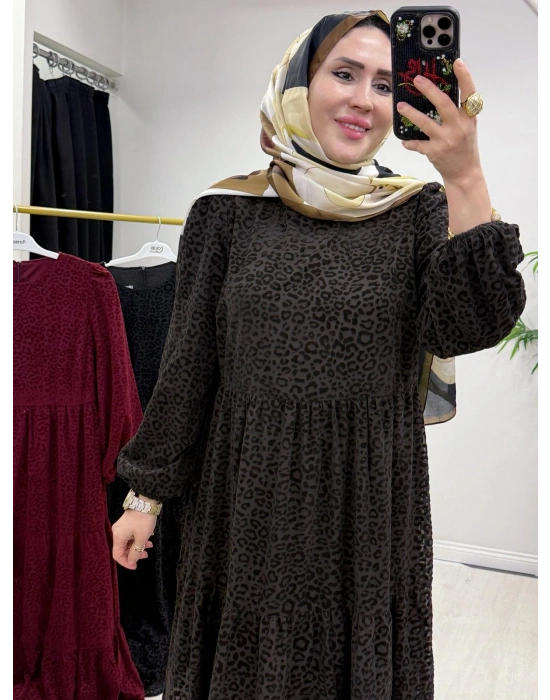 Yeni Sezon Flok Baskı Elbise Kahverengi