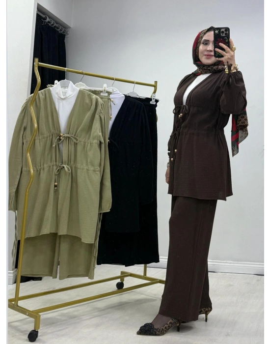 Yeni Sezon Müslin Kumaş Yazlık Takım Kahverengi