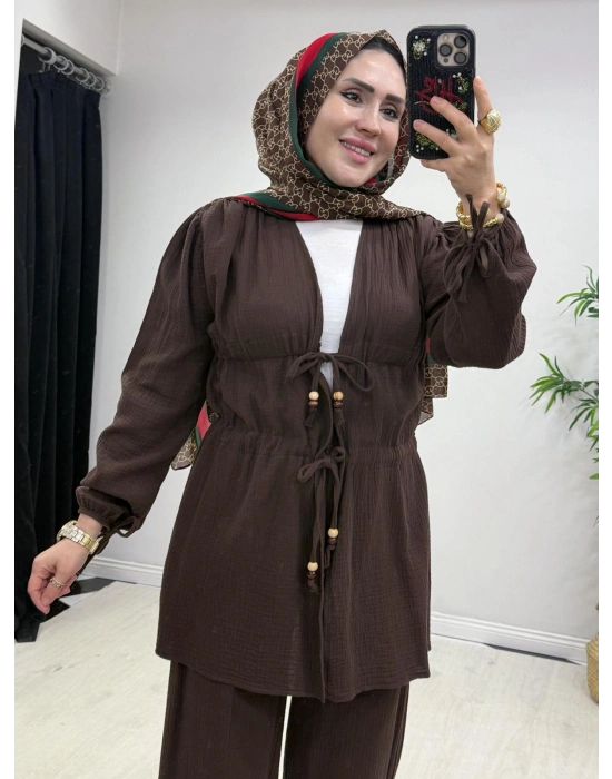 Yeni Sezon Müslin Kumaş Yazlık Takım Kahverengi
