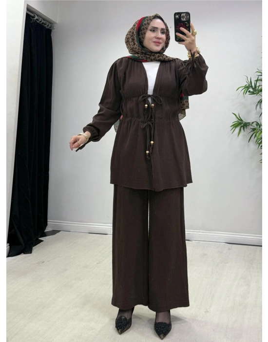 Yeni Sezon Müslin Kumaş Yazlık Takım Kahverengi