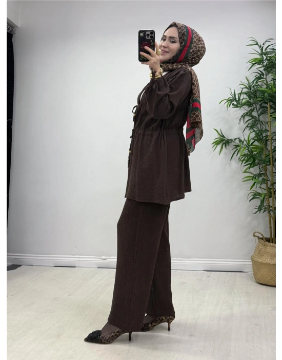 Yeni Sezon Müslin Kumaş Yazlık Takım Kahverengi