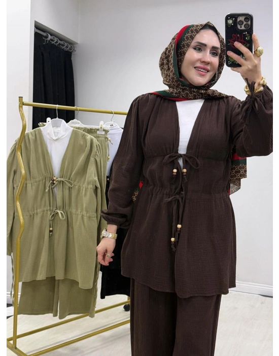 Yeni Sezon Müslin Kumaş Yazlık Takım Kahverengi