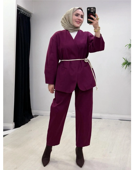 Tasarım Ceketli Keten Takım-Kemer Hediyeli Bordo