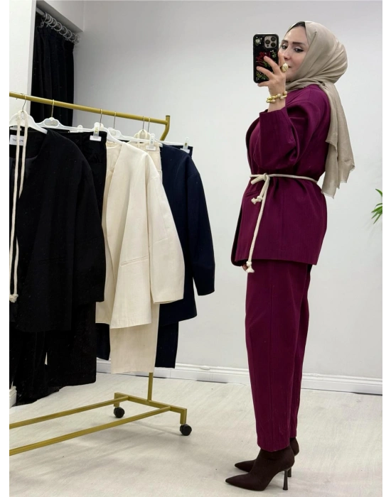 Tasarım Ceketli Keten Takım-Kemer Hediyeli Bordo