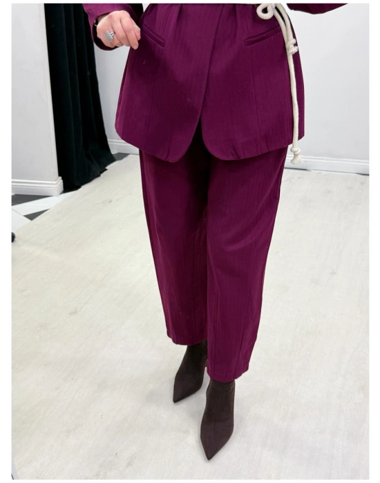 Tasarım Ceketli Keten Takım-Kemer Hediyeli Bordo