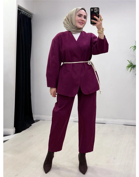 Tasarım Ceketli Keten Takım-Kemer Hediyeli Bordo