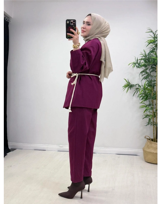 Tasarım Ceketli Keten Takım-Kemer Hediyeli Bordo