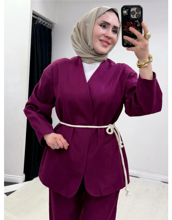 Tasarım Ceketli Keten Takım-Kemer Hediyeli Bordo