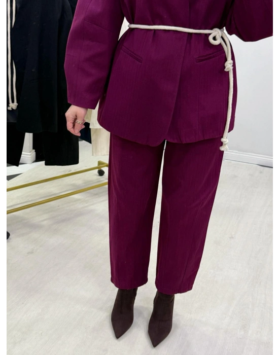 Tasarım Ceketli Keten Takım-Kemer Hediyeli Bordo